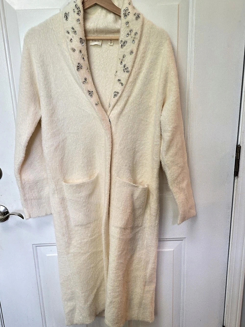 Cyrus Embellished Fuzzy Cardigan in Cream Size XS